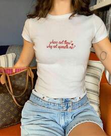 Where Are You? Why Aren't You With Me? Baby T-Shirt,  Y2K Style T-Shirt, 90s Style T-Shirt, Sabrina Inspired T-Shirt, Bad Chem Style T-Shirt, Retro Semi-Baby T-Shirt, Fashion T-Shirts, Tops, T-Shirts,  T-Shirts, Comfy T-Shirt. - 白色 - 查看 2