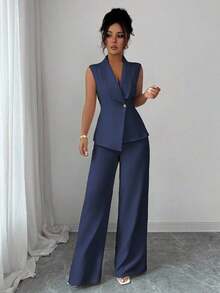 Conjunto de oficina elegante para mujer, compuesto por una chaqueta blazer sin mangas con cuello y bajo asimétrico, con hebilla metálica en la cintura, combinada con pantalones de cintura elástica.Conjunto de 2 piezas elegante para primavera/verano, atuendo formal y de clase para mujer. - Azul marino - Ver 5