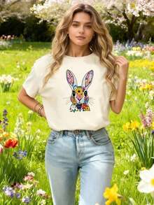 Blusa casual y versátil con estampados de conejo, flores y bordados - Tela suave, elástica y cómoda para el veranoPure-Cotton - Albaricoque - Ver 7