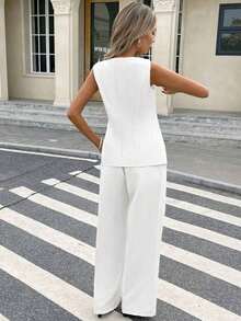 Set de 2 piezas para mujer con top sin mangas con botones delanteros lisos y pantalones largos, conjunto casual - Blanco - Ver 2