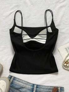 2 piezas Conjunto de camisola sin espalda ajustada para mujer, Camisola sin espalda de verano para mujer, Adecuado para el transporte diario, citas, fiestas, otoño/invierno/verano, Navidad, Año Nuevo, Acción de Gracias, fiestas, bodas, playa, ceremonias de graduación, de moda, elegante, casual, salidas, citas, reservas, transporte, brillante, Día de San Valentín, elegante, vacaciones, casual, Y2K, salidas, ceremonias de graduación y otras ocasiones. - Negro 5 - Ver 2