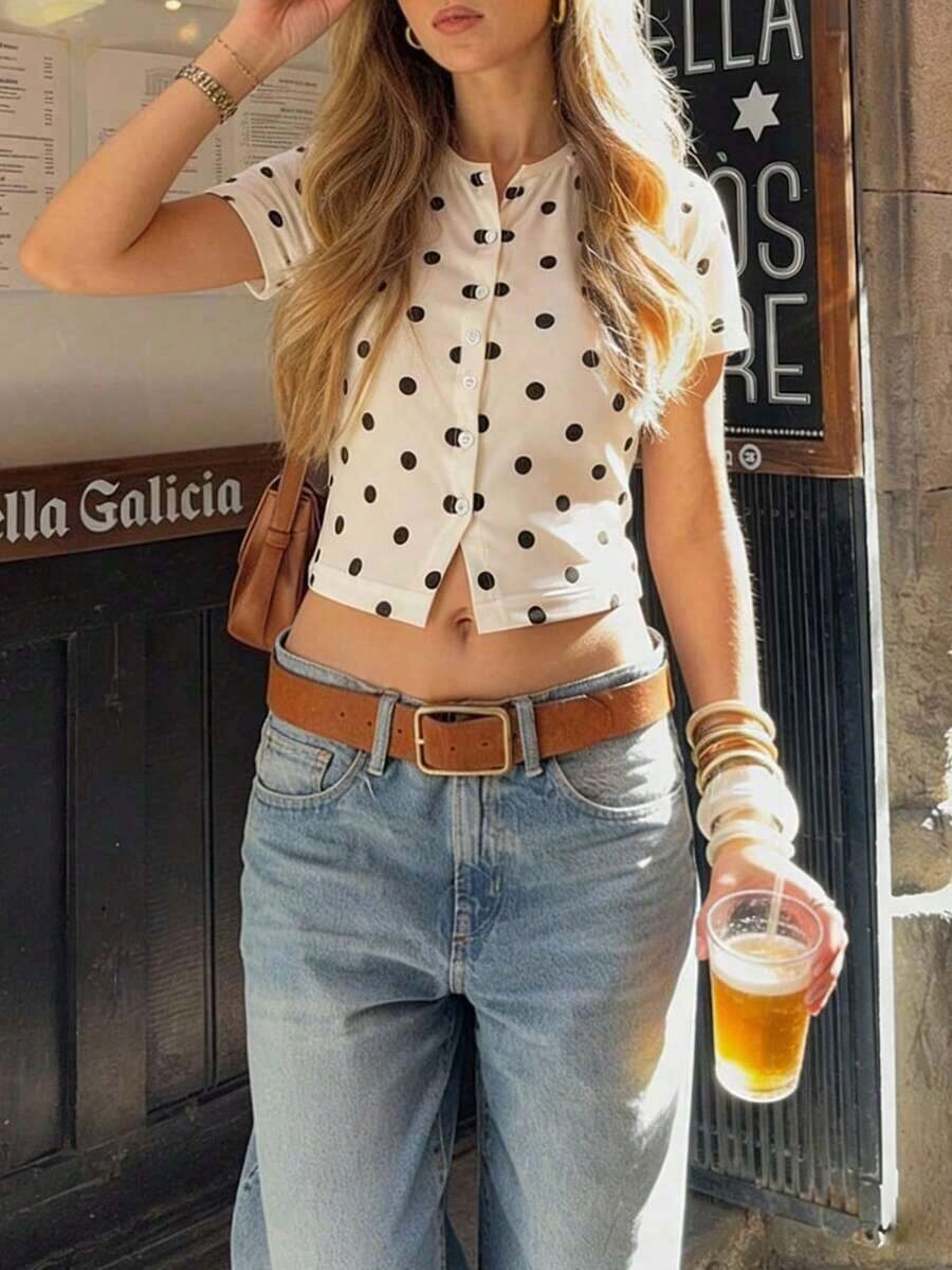 2026 Nuevo Llegada Suéter de Punto a Lunares Elegante para Mujer - Cuello Redondo Mangas Cortas con Botones Delanteros, Estilo Versátil Casual de Oficina Minimalista para Vacaciones - Multicolor 3 - Ver 1