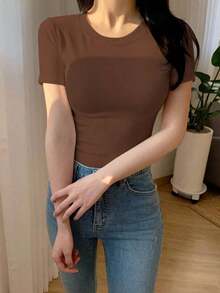 Camiseta de cuello redondo de ajuste delgado de unicolor liso, casual y versátil - Marrón - Ver 1