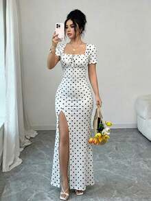 Vestido de verano de manga corta para mujer, vestido de vacaciones con estampado digital, vestido de playa y vacaciones con bajo con abertura, vestido largo con fruncido en la cintura - Rosa - Ver 7