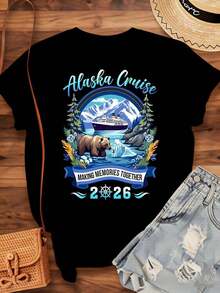 Women's Cotton T-Shirts Alaska Cruise Making Memories Together 2026, T-Shirt For Women And Men, Family Vacation Souvenir, Gift, Summer Travel Shirt With Bear And Boat Design, Women's Basic Blouses. - 黑色 - 查看 3