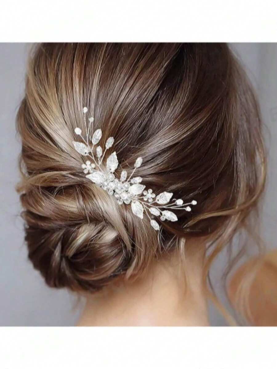 1 pièce Peigne à cheveux latéral en cristal et feuille d'argent fait main pour femmes, accessoire de mariage et de fête pour mariée, peignes, peigne latéral - Argent - Voir 1