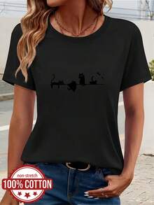 Camiseta de Mujer de Verano, Cuello Redondo, Manga Corta, 100%, Ideal para Salidas Diarias, Viajes, Vacaciones y Citas, Estampado de Silueta de Gato, Top Casual, Tela Versátil y Cómoda - Negro - Ver 6