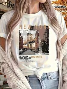 Camiseta gráfica de 1 pieza para mujer con horizonte de Nueva York y Brooklyn - Camiseta casual blanca con la Estatua de la Libertad y patrón de diseño con la frase motivacional "Sigue tus sueños", adecuada para uso casual y regalos de festividades, top de cuello redondo lavable a máquina - [Blanco] - Ver 6