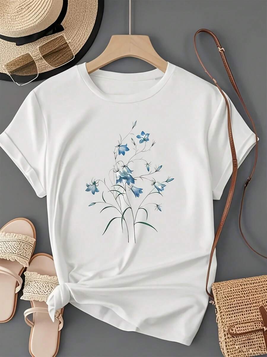 ¡Oferta por tiempo limitado, unidades limitadas, relámpago! Camisas casuales para mujer, camisetas de poliéster para mujer, camisas elegantes.T-shirt à manches courtes pour femmes,Estampado floral - Blanco - Ver 1