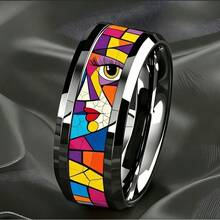 8mm Steel Color Tungsten Carbide Beveled Edge Ring, Decorated With Picasso Style Abstract Human Face Pattern, Artistic 3D Personalized Ring, Comfortable Fit Unisex Jewelry, Suitable As Gift For Art Lovers - Abstract Human Face - View 2