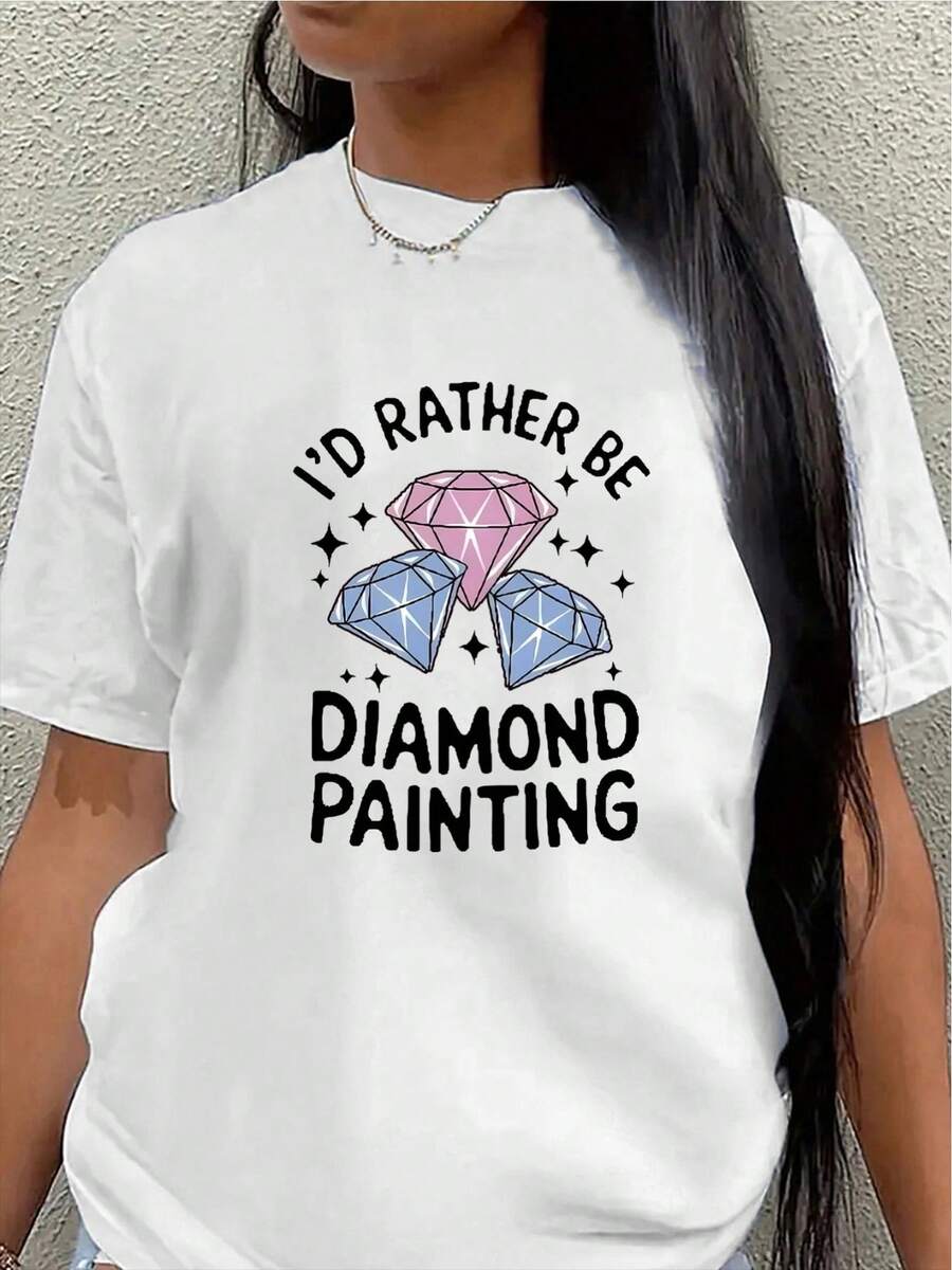 Special Polyester Short-Sleeved T-Shirt For Diamond Painting Enthusiasts, Lightweight And Durable, Suitable For Home Crafting, Use In The Living Room Or Studio, Decorated With A Fun Pink And Blue Diamond Pattern. Women's Shirts - 白色 - 查看 1