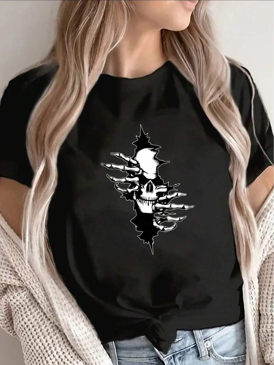 Short-Sleeved T-Shirt With Skull Design, Lightweight And Durable, Suitable For Casual Wear In Restaurants Or Living Rooms, Comfortable Fit, Ideal For Everyday Use. - 黑色 - 查看 1