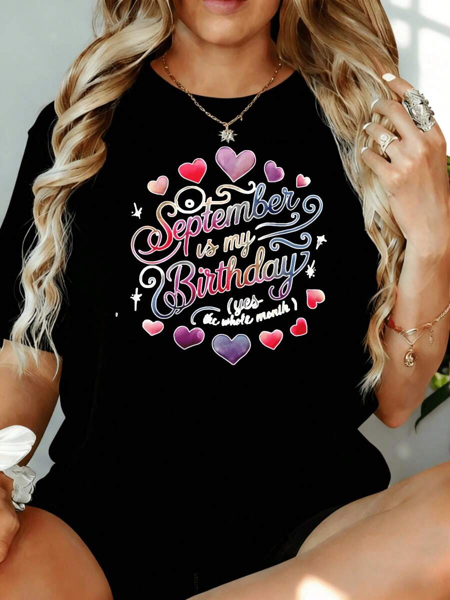 Camiseta de Mujer con Estampado de Corazones "Septiembre Es Mi Cumpleaños, Sí, Todo el Mes" 220g, para Ocio, Hogar, Aire Libre, Regalo para Fiesta de San Valentín - Negro - Ver 1