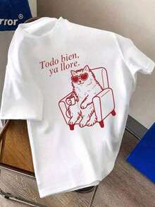 Plus Size T-Shirt With Cat Print "I've Cried Enough" Women's Casual Short Sleeve Summer White Blouse UXQV - 白色 - 查看 2