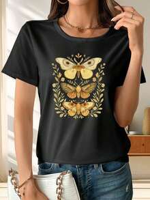 Una selección de camisetas de manga corta para mujer con estampados de mariposas, ideales para el verano, que incluyen camisetas de cuello redondo de longitud para la moda femeninaSuitable for spring, summer and autumn - Negro - Ver 1