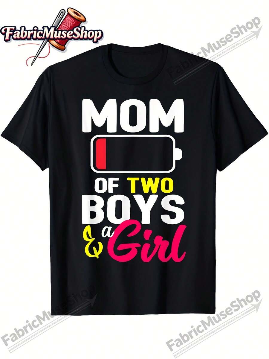 Women's Printed T-Shirt MOM Of TWO BOYS And A GIRL - Casual Black Short Sleeve Crew Neck T-Shirt, With A Relaxed Fit For All Seasons, Perfect For Daily Wear And Holiday Outfits, Machine Washable. - 白色 - 查看 1