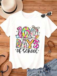 Women's Crew Neck T-Shirt, Colorful "1000 Days Of School" Print With Text, Short Sleeve For School Events, Cool Summer Clothes For Women - 白色 - 查看 2