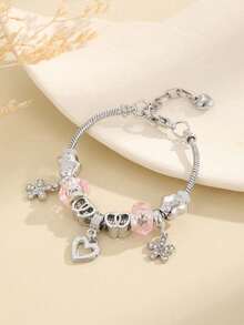 1pc Women's Charm Bracelet, Romantic Heart Flower Pink Crystal Elegant Silver, Daily & Anniversary - Multicolor - View 4