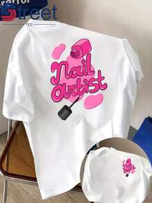 Women's Double-Sided Print Short Sleeve T-Shirt, Summer Casual Style, Round Neck, Fashion Print, Professional Style For Nail Artists, Pink Nail Polish Print, Loose And Slimming Fit, Nail Salon Workwear. - 杏色 - 查看 7