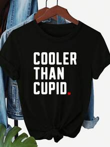 Cozy Comfy Lounge, Women's Spring/Summer One-Piece Clothing, T-Shirt With A  Cupid Design, Round Neck, Short Sleeves, Casual Fashion Top, Elegant Party Wear, Loose Fit, Holiday Gift, Fun Design, Everyday Wear, Comfortable Home Wear. - 黑色 - 查看 11