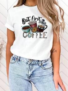 Camiseta Casual de Cuello Redondo para Mujer de But First Coffee - Divertido Estampado Gráfico con Temática de Café, Camiseta de Manga Corta para Primavera/Verano, Blanca con Diseño de Tazas de Café Coloridas, Accesorios para Cafeteríablusas para mujer>ropa - Blanco - Ver 1
