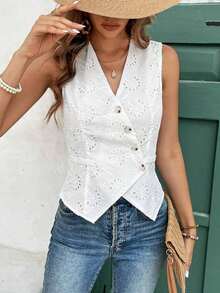 Frenchy Blusa informal de mujer con botones delanteros y sin mangas a rayas, conjunto de ropa de oficina para mujer, ropa de mujer para invierno, atuendos de otoño, camisa blanca de mujer, blusas sin mangas - Blanco - Ver 7