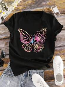 1 camiseta casual de manga corta para mujer - estampado floral y de mariposas en degradado de colores, cuello redondo holgado, lavable a máquina, adecuada para primavera, verano y otoño, moda de temporada, diseño artístico, tela no transparente de 180g 100% algodón. - Negro - Ver 1