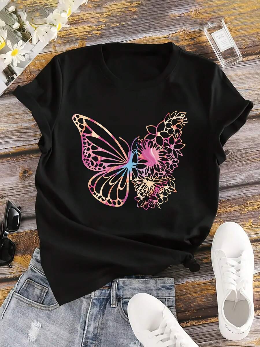 1 camiseta casual de manga corta para mujer - estampado floral y de mariposas en degradado de colores, cuello redondo holgado, lavable a máquina, adecuada para primavera, verano y otoño, moda de temporada, diseño artístico, tela no transparente de 180g 100% algodón. - Negro - Ver 1