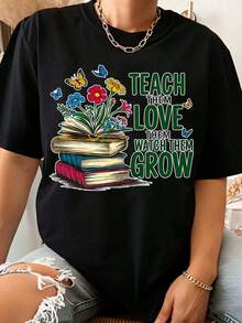 Enseñales, Ámalos, Observales Crecer - Camiseta de Regalo para Maestras, Mujeres Educatoras, Amantes de los Libros, Diseño Floral de Mariposas, Camiseta Blanca - Negro - Ver 1