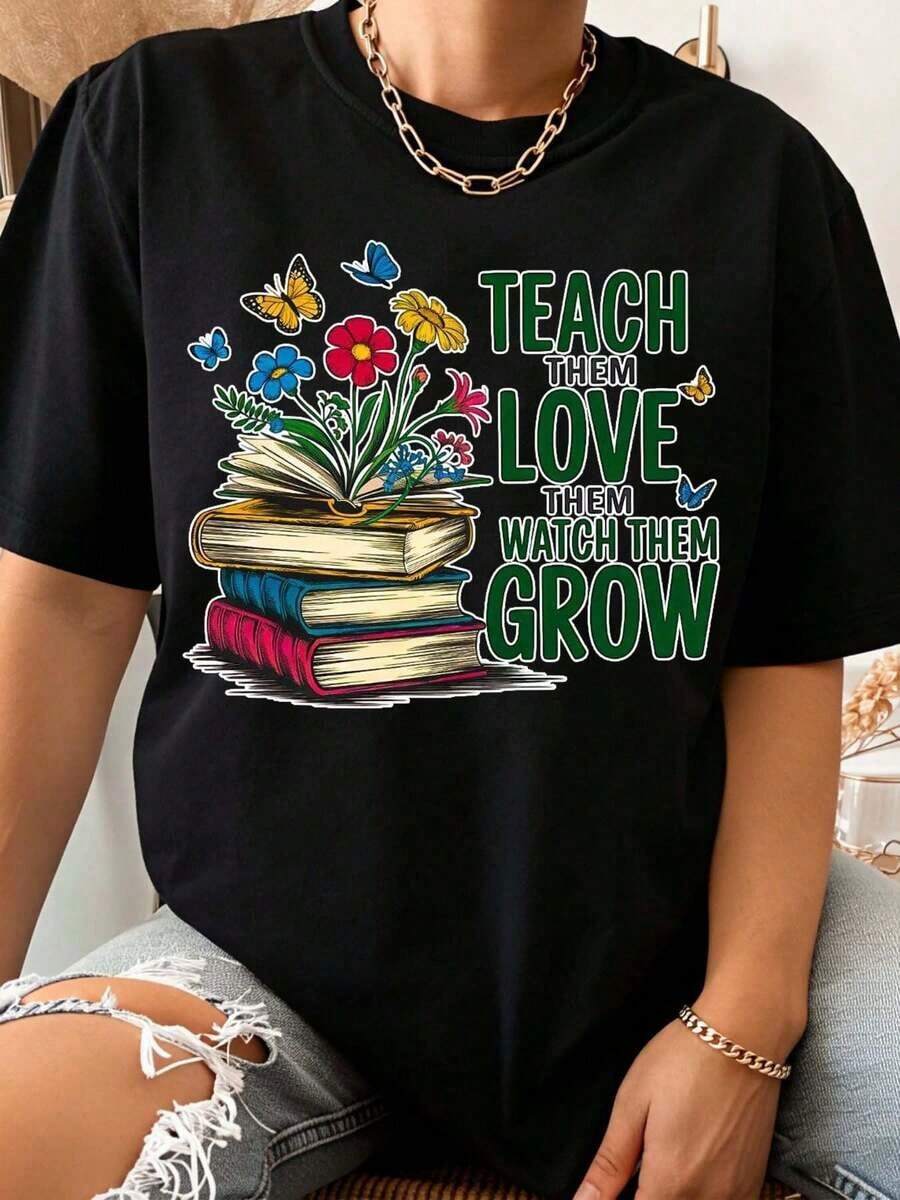Enseñales, Ámalos, Observales Crecer - Camiseta de Regalo para Maestras, Mujeres Educatoras, Amantes de los Libros, Diseño Floral de Mariposas, Camiseta Blanca - Negro - Ver 1