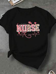 1 camiseta casual de mujer - manga corta, cuello redondo, patrón geométrico, lavable a máquina, 180g 100% algodón - Negro - Ver 2