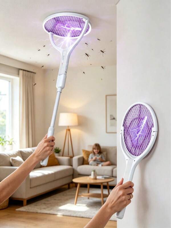 2-In-1 Electric Fly Swatter With Extendable Handle, Purple Light Insect Catcher USB Rechargeable 3-Layer Mesh Bug Zapper For Indoor Outdoor Use
