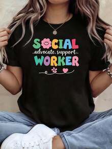 Women's Essential Casual T-Shirt With Colorful Heart Print, "Social Work Advocate" Style, Suitable For Industry Meetings And Charity Events, Vibrant And Warm Style, Short Sleeve, Professional Atmosphere T-Shirt, Soft Cotton For Everyday Wear. - 黑色 - 查看 7