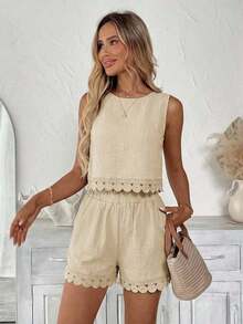 LUNE Conjunto de 2 piezas de blusa sin mangas con parches de encaje y shorts, adecuado para vacaciones de verano, ir al trabajo y uso diario - Albaricoque - Ver 4