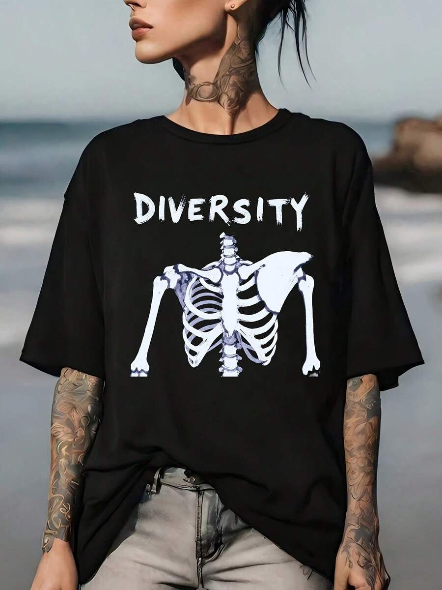 Unisex T-Shirt With Skeleton Graphic Diversity 180G For Family And Business Team Building Gifts, Father's Day Gift, Halloween Costume - 黑色 - 查看 1