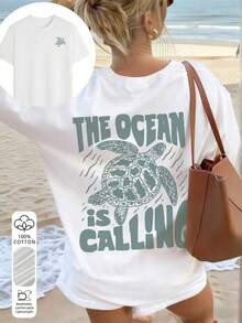 1 Piece Of Loose-Fitting Women's T-Shirt, Made Of Special 100% Thick Cotton Fabric, With Vintage Sea Turtle Print And "The Sea Is Calling", Breathable And Comfortable, Slim Fit, Casual American Style For Vacation, Short Sleeve T-Shirt, Ideal For Beach Vacations, Pool Parties, Summer Travel, Whitecool. - 白色 - 查看 1