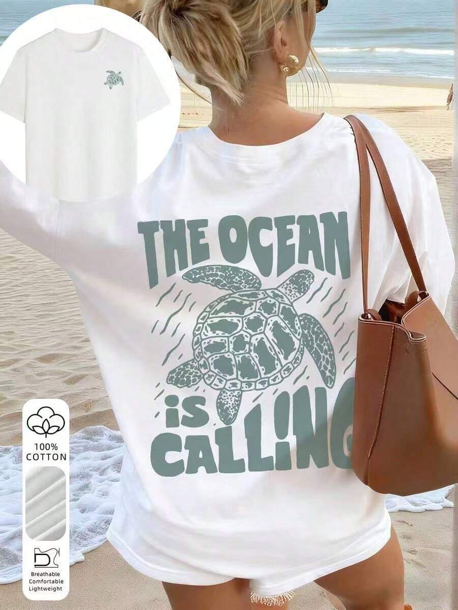 1 Piece Of Loose-Fitting Women's T-Shirt, Made Of Special 100% Thick Cotton Fabric, With Vintage Sea Turtle Print And "The Sea Is Calling", Breathable And Comfortable, Slim Fit, Casual American Style For Vacation, Short Sleeve T-Shirt, Ideal For Beach Vacations, Pool Parties, Summer Travel, Whitecool. - 白色 - 查看 1