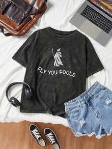 Women's Casual Short Sleeve Crew Neck T-Shirt With "Fly You Fools" Print, Everyday Wear, Gandalf T-Shirt, Middle-Earth Fantasy Gift, Fashionable Summer Top In Black - 白色 - 查看 2