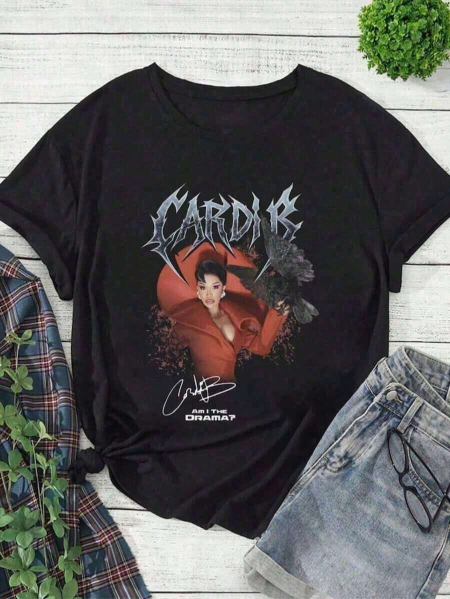1 Piece Cardi AH HA Cotton Graphic T-Shirt, Cardi Graphic Tee, Cardi T-Shirt, Cardi Tour T-Shirt, Y2K T-Shirt, Men's Plus Size S To 5XL, Summer T-Shirt 180g 100% Cotton. - Black 1 - 查看 1