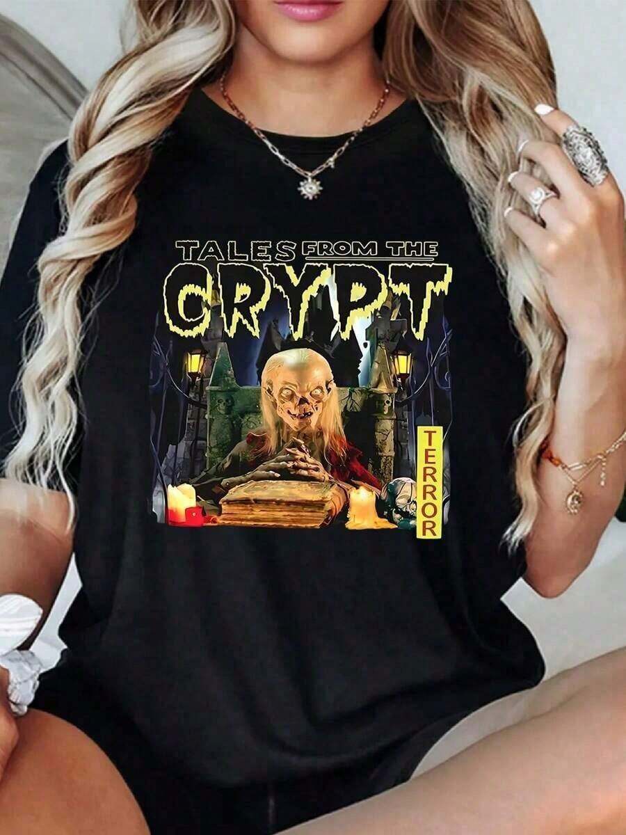 1 Piece Tales From The Crypt Horror Women's T-Shirt, 100% Cotton With Vintage Digital Graphic Print, Casual Loose Fit, 180g 100% Cotton, Designs Are Fully Printed. Unisex. 180g 100% Cotton - 黑色 - 查看 1