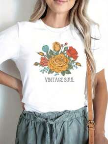 Camiseta de Algodón con Estampado Floral de Arte Mexicano, Manga Corta, Cuello Redondo, Estilo Casual para Primavera y Verano, Ropa para Mujer, Camiseta Familiar Coordinada - Blanco - Ver 9