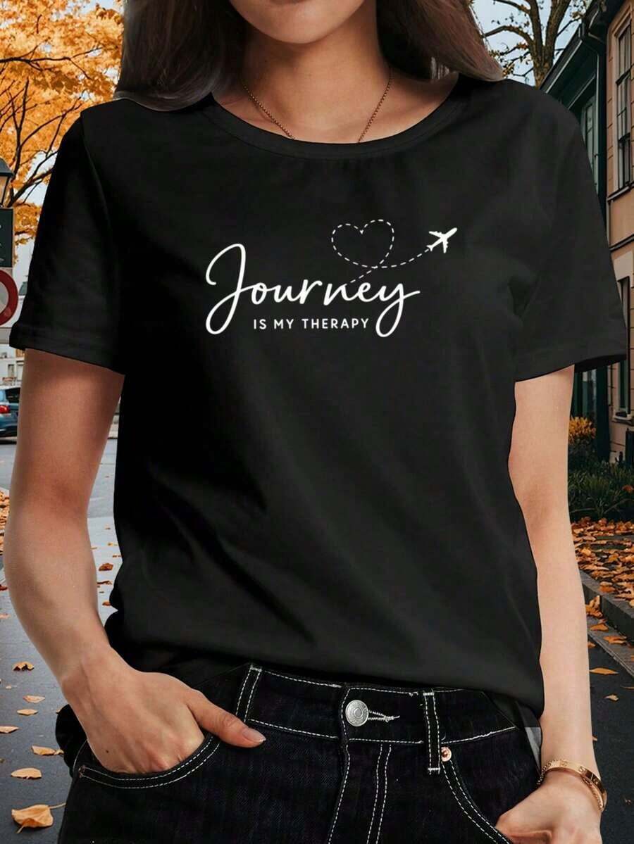 Women's T-Shirt With "Travel Is My Relaxation" Print - Black With White Text And Airplane And Heart Design, Loose Fit, Short Sleeve, Round Neck, Casual Summer Top, Machine Washable And Breathable, Opaque Fabric, Simple Design, Comfortable To Wear, Casual Blouses For Women - 黑色 - 查看 1