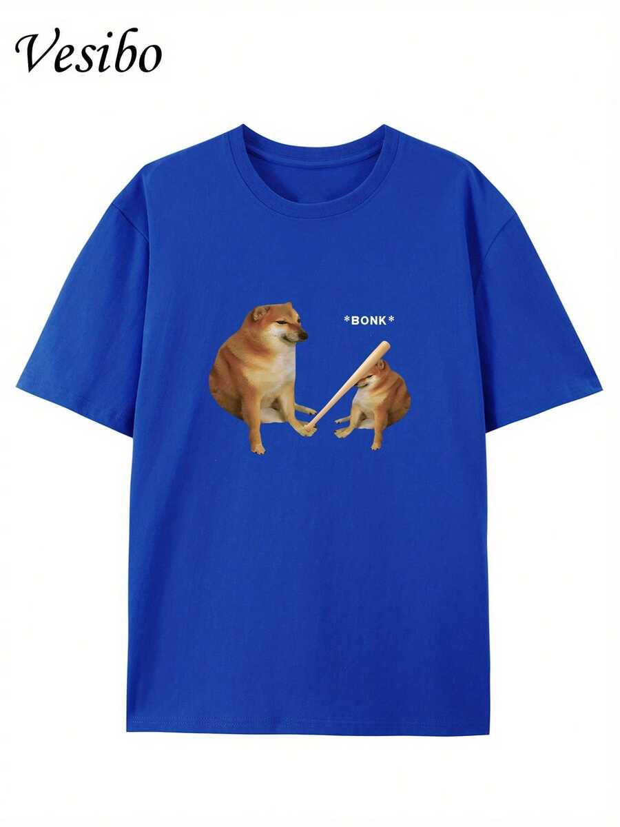 Hit Your Dog's Head! Funny T-Shirt With A Round Neck And Creative Design, Pure And Summer Fashion, Short Sleeves, Casual Top For Everyday Wear - Blue - View 1