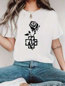 Women's Casual Short Sleeve T-Shirt - Geometric Print Of White Roses With Square And Rectangle Patterns, Loose Fit Crew Neck, Machine Washable, All Season Top - White - View 1