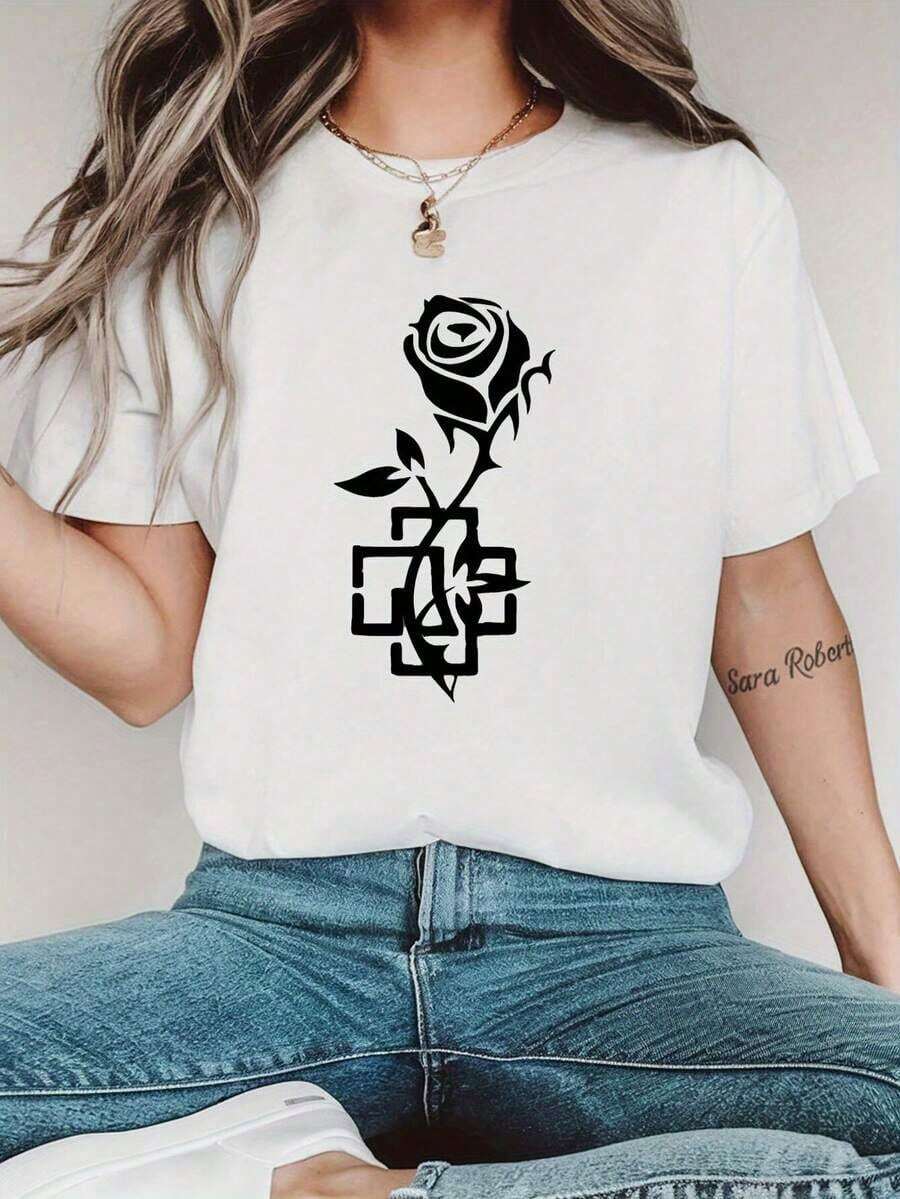 Women's Casual Short Sleeve T-Shirt - Geometric Print Of White Roses With Square And Rectangle Patterns, Loose Fit Crew Neck, Machine Washable, All Season Top - White - View 1