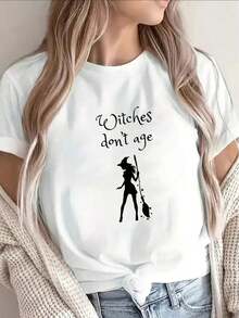 Women's Cotton T-Shirts. Pure Cotton Short-Sleeved T-Shirt With A "Witch Forever" Design, Lightweight And Durable, Suitable For Everyday Casual Wear, Halloween Parties, Or Everyday Outfits. Made With Fabric Printing Technology. Women's Basic Blouses - 白色 - 查看 7