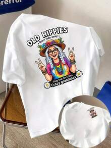 New Men's T-Shirt Made Of 180g Heavyweight Cotton, Suitable For Older Hippies, Vintage Hippie Style With Front And Back Prints, A Modern Short-Sleeved T-Shirt For Men, For Everyday Casual Wear And Outdoor Fitness Activities, With A Unique Double-Sided Pattern Design - Suitable For Layering In Spring And Autumn And Alone In Summer, Unisex. - 白色 - 查看 1