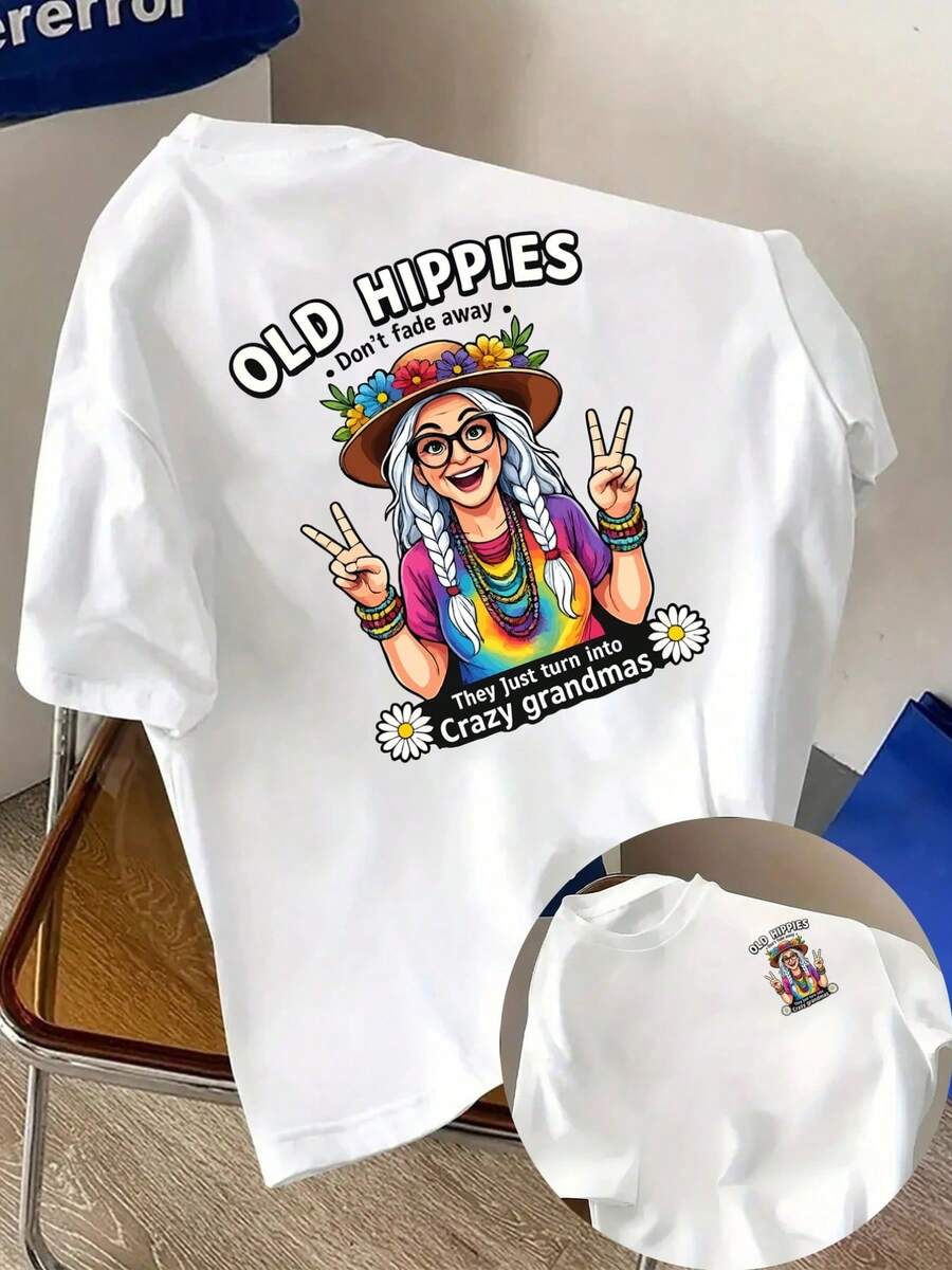 New Men's T-Shirt Made Of 180g Heavyweight Cotton, Suitable For Older Hippies, Vintage Hippie Style With Front And Back Prints, A Modern Short-Sleeved T-Shirt For Men, For Everyday Casual Wear And Outdoor Fitness Activities, With A Unique Double-Sided Pattern Design - Suitable For Layering In Spring And Autumn And Alone In Summer, Unisex. - 白色 - 查看 1