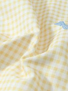 2pcs/Set Piyama Wanita Nyaman Motif Kotak-kotak Kuning dengan Pita, Atasan Lengan Pendek Berkerah dan Celana Pendek Berpita, Musim Semi/Panas - Kuning - View 8