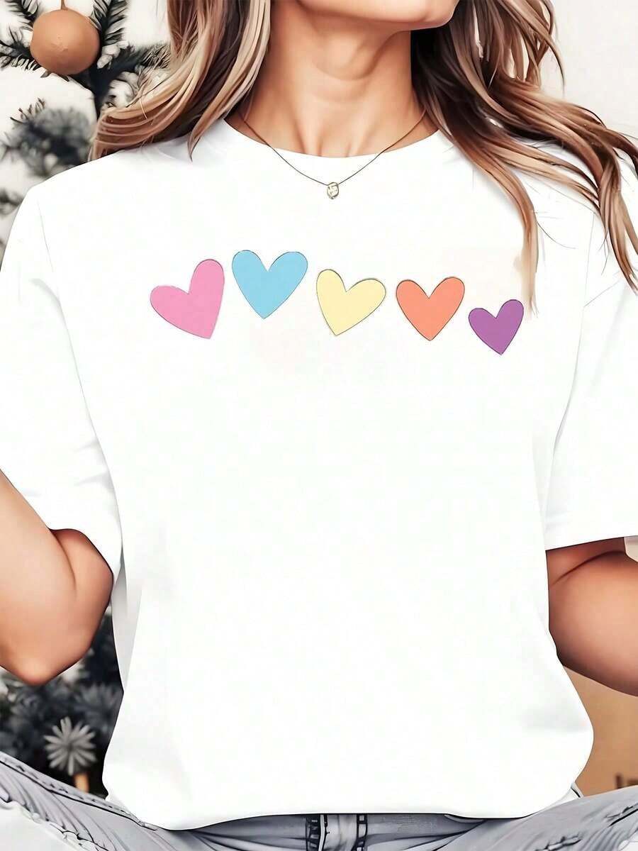 Women's Cool Summer T-Shirt, Casual Design With Colorful Pastel Heart Print, Round Neck, Short Sleeve, Perfect As A Birthday Gift, Suitable For Wear In All Seasons, Fashion For Everyday Outdoor. - 白色 - 查看 1